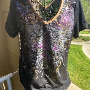Tru Self Women's Black V-Neck Short Sleeve Tee with Purple and Gold Graphic